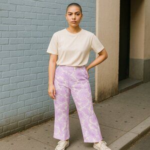 Tibi Capris Floral Ankle Cropped Zipper Pants in Pink and Ivory Size 4